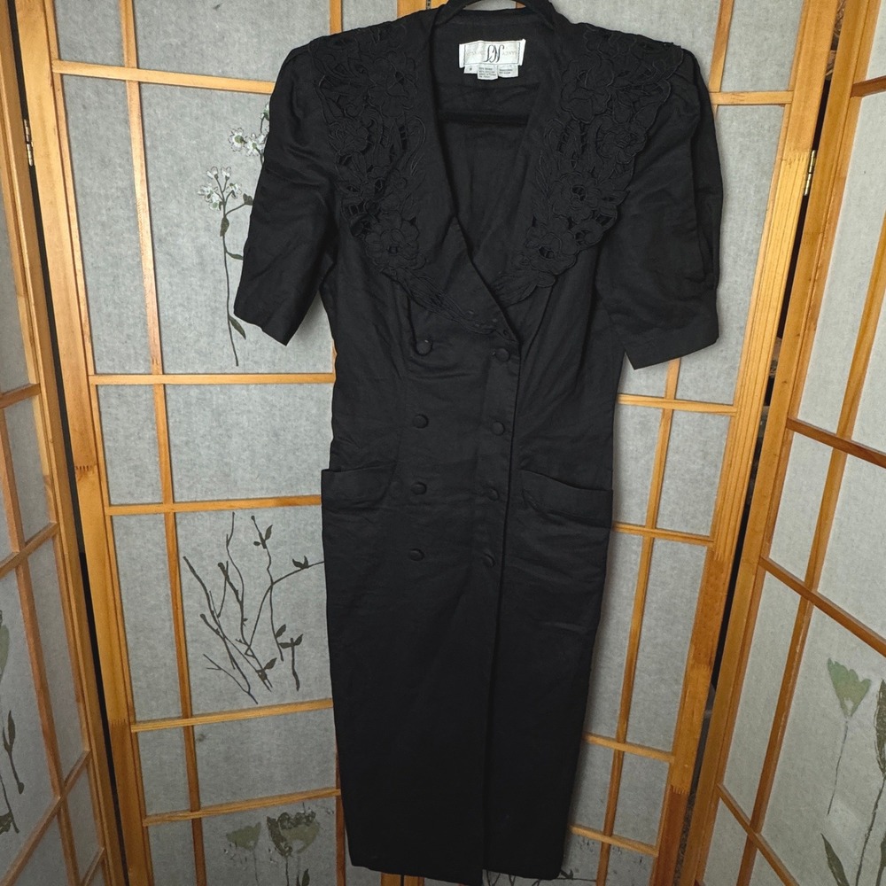 Vintage Nancy Johnson Black Ramie Cotton Lace Collar Double Breasted Dress 8
